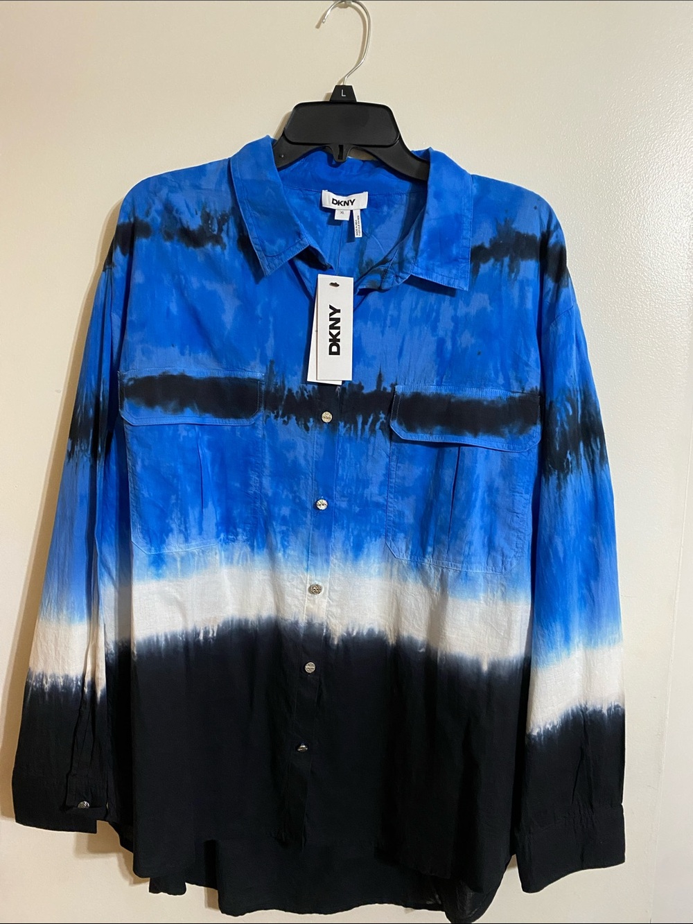 Dkny Blue Black White Ombre Tie-Dye Button Down Shirt - Relaxed Fit XL